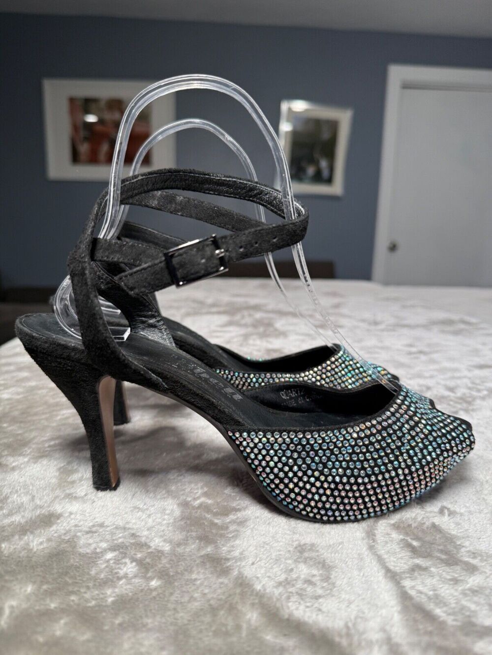 Jeffrey Campbell Quartz Vintage Crystal Black Suede Ankle Wrap Heels Womens 8